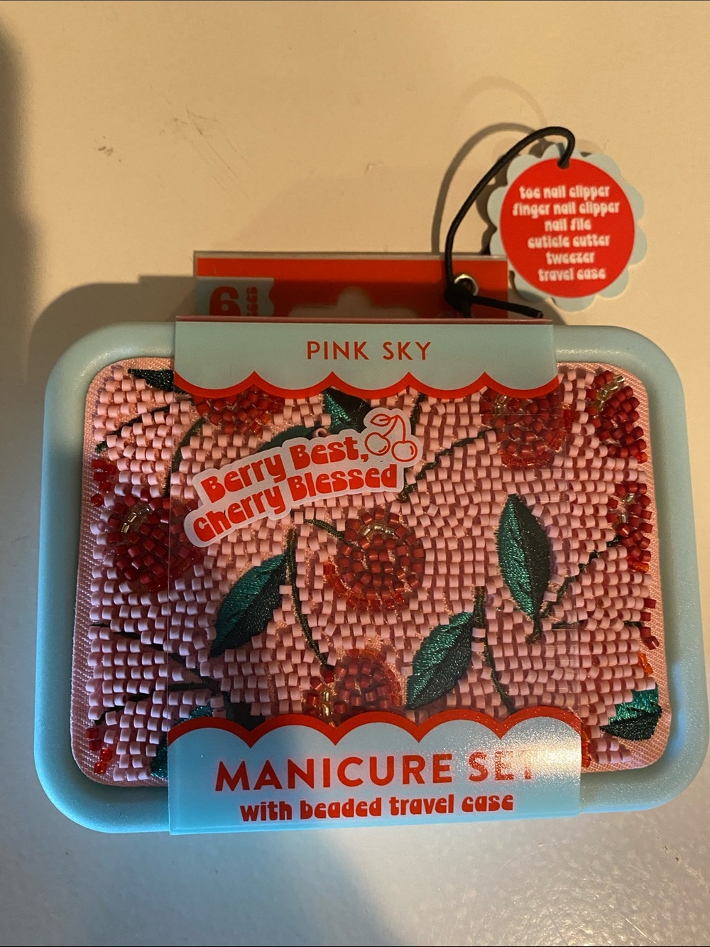 Pink Sky Berry Best Cherry Blessed Manicure Set - Pink Beaded Travel Case